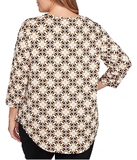 Ruby Rd. Plus Size Geometric Medallion Print Crew Neck 3/4 Sleeve Metallic Mesh Knit Top