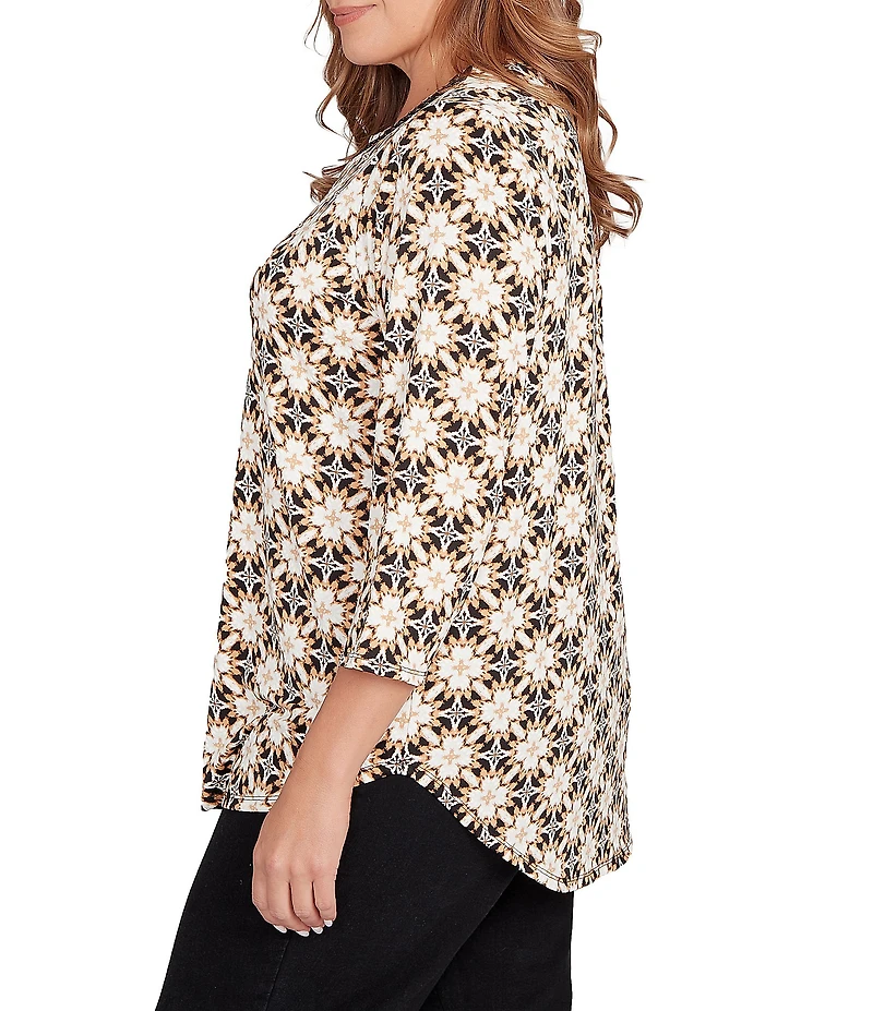 Ruby Rd. Plus Size Geometric Medallion Print Crew Neck 3/4 Sleeve Metallic Mesh Knit Top