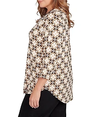 Ruby Rd. Plus Size Geometric Medallion Print Crew Neck 3/4 Sleeve Metallic Mesh Knit Top