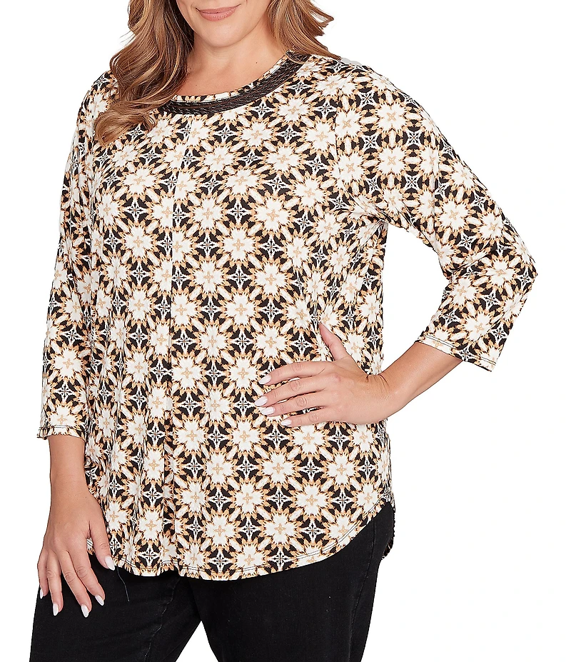Ruby Rd. Plus Size Geometric Medallion Print Crew Neck 3/4 Sleeve Metallic Mesh Knit Top