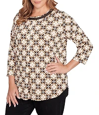Ruby Rd. Plus Size Geometric Medallion Print Crew Neck 3/4 Sleeve Metallic Mesh Knit Top