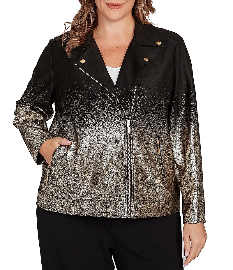 Ruby Rd. Plus Size Gold Ombre Foil Faux Vegan Suede Moto Jacket