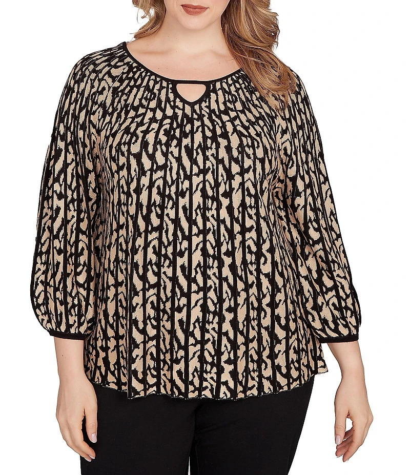 Ruby Rd. Plus Size Gored Jacquard Textured Animal Print Keyhole Neck 3/4 Sleeve Sweater