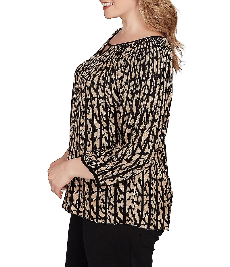 Ruby Rd. Plus Size Gored Jacquard Textured Animal Print Keyhole Neck 3/4 Sleeve Sweater