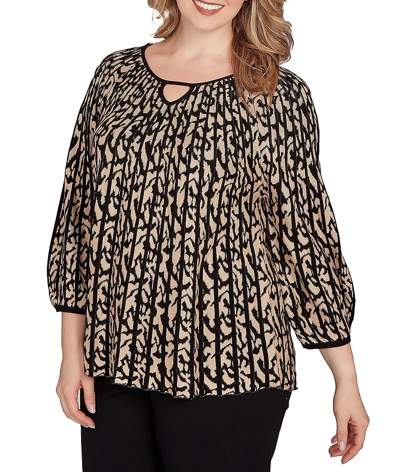 Ruby Rd. Plus Size Gored Jacquard Textured Animal Print Keyhole Neck 3/4 Sleeve Sweater