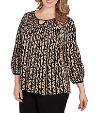Ruby Rd. Plus Size Gored Jacquard Textured Animal Print Keyhole Neck 3/4 Sleeve Sweater