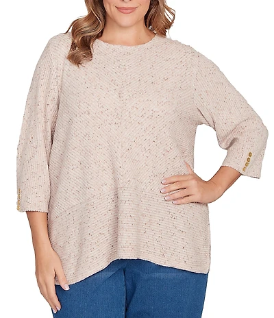 Ruby Rd. Plus Size Heather Speckeled Ribbed Knit Crew Neck 3/4 Sleeve Side Vented Top