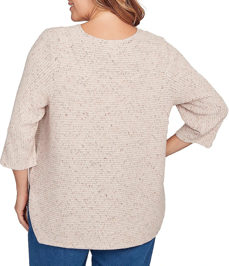 Ruby Rd. Plus Size Heather Speckeled Ribbed Knit Crew Neck 3/4 Sleeve Side Vented Top