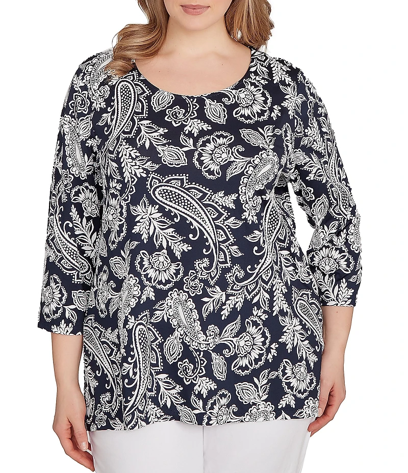 Ruby Rd. Plus Size Jacobean Print Scoop Neck 3/4 Sleeve Top