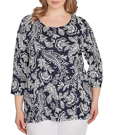 Ruby Rd. Plus Size Jacobean Print Scoop Neck 3/4 Sleeve Top