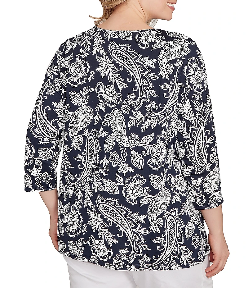 Ruby Rd. Plus Size Jacobean Print Scoop Neck 3/4 Sleeve Top