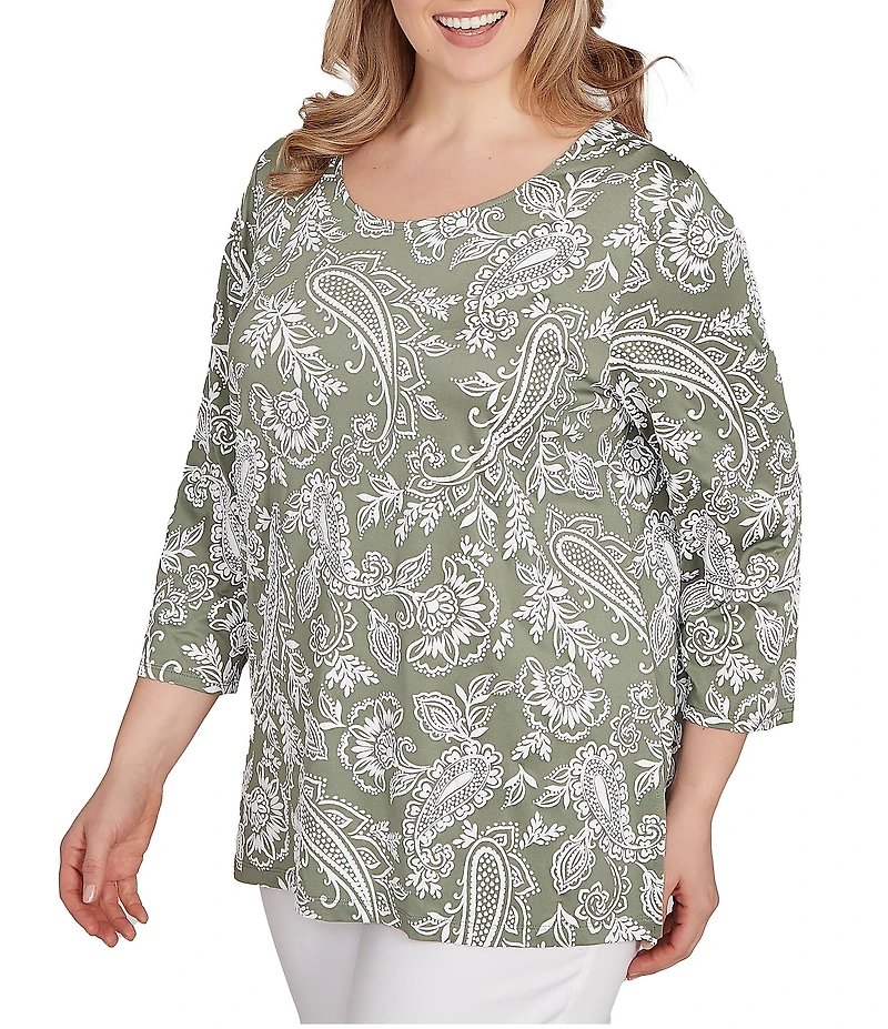 Ruby Rd. Plus Size Jacobean Print Scoop Neck 3/4 Sleeve Top