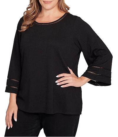 Ruby Rd. Plus Size Jacquard Knit Crew Neck 3/4 Sleeve Trim Detail Top