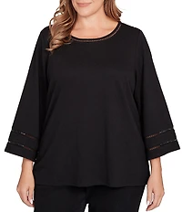 Ruby Rd. Plus Size Jacquard Knit Crew Neck 3/4 Sleeve Trim Detail Top