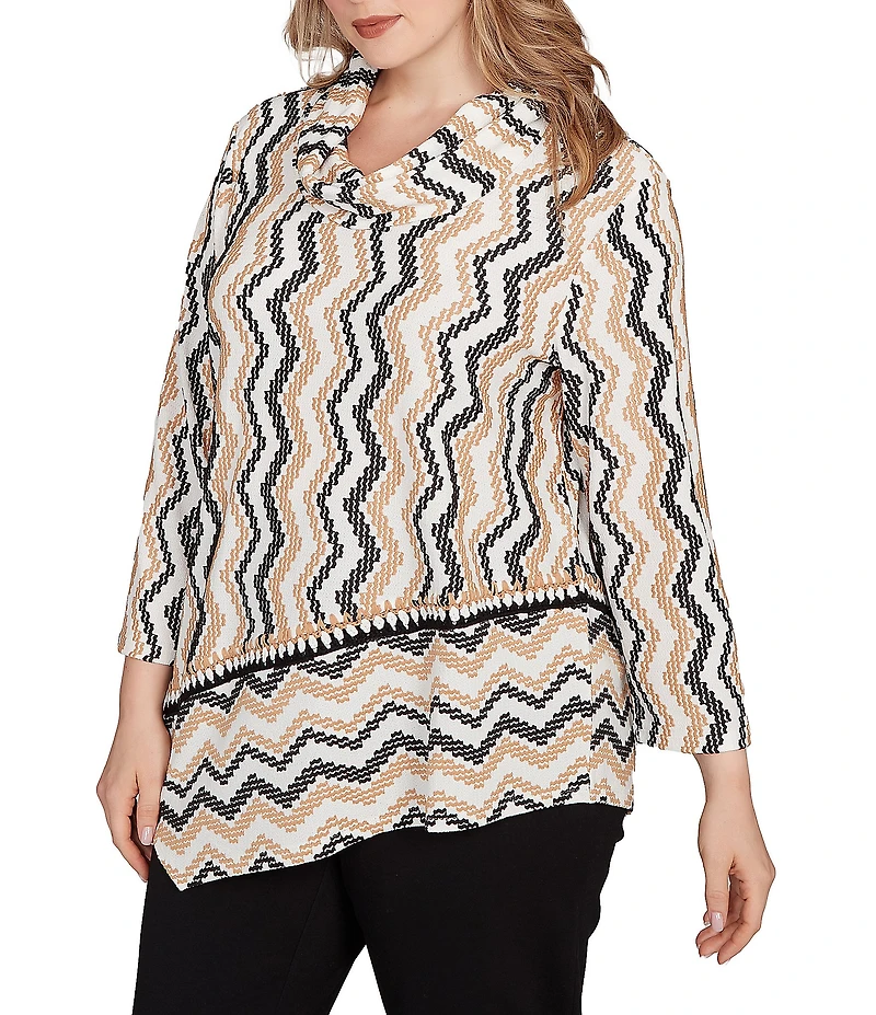 Ruby Rd. Plus Size Jacquard Knit Embroidered Zig-Zag Stripe Cowl Neck 3/4 Sleeve Asymmetric Hem Top