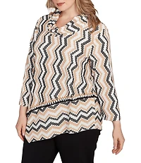 Ruby Rd. Plus Size Jacquard Knit Embroidered Zig-Zag Stripe Cowl Neck 3/4 Sleeve Asymmetric Hem Top