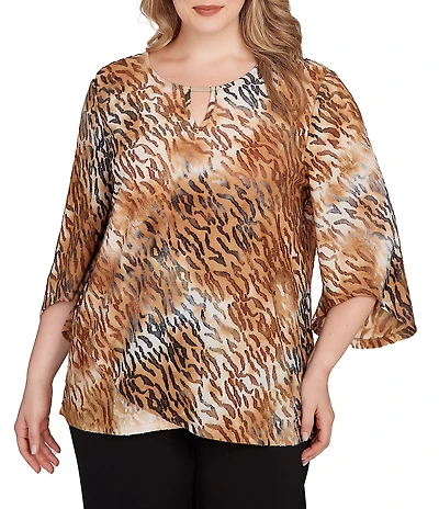 Ruby Rd. Plus Size Jacquard Knit Tie-Dye Zebra Keyhole Neck Bar 3/4 Sleeve Top