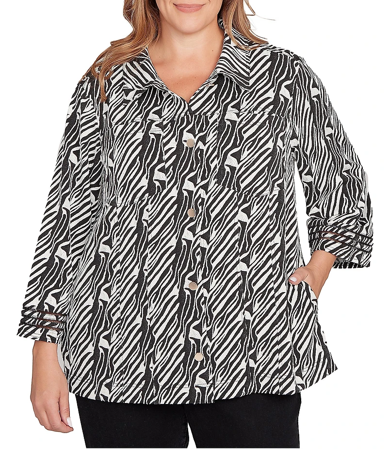 Ruby Rd. Plus Size Jacquard Knit Zebra Point Collar Bracelet Sleeve Button-Front Swing Jacket