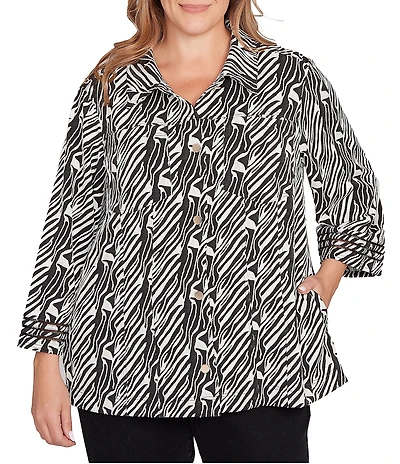 Ruby Rd. Plus Size Jacquard Knit Zebra Point Collar Bracelet Sleeve Button-Front Swing Jacket