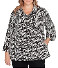 Ruby Rd. Plus Size Jacquard Knit Zebra Point Collar Bracelet Sleeve Button-Front Swing Jacket
