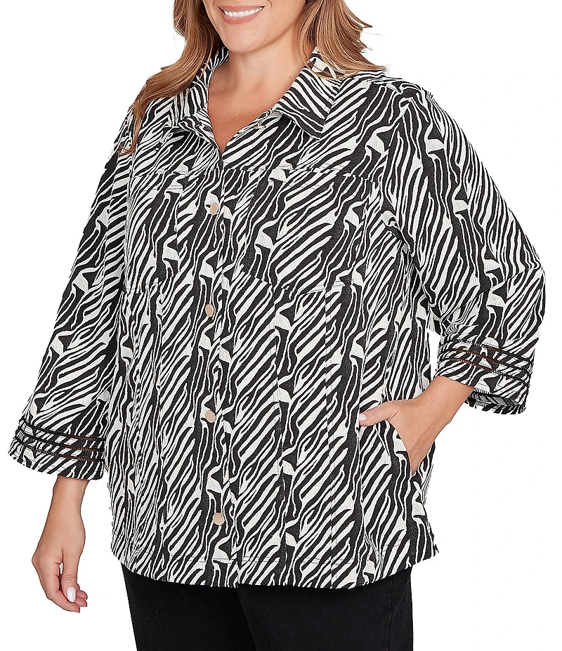 Ruby Rd. Plus Size Jacquard Knit Zebra Point Collar Bracelet Sleeve Button-Front Swing Jacket