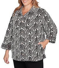 Ruby Rd. Plus Size Jacquard Knit Zebra Point Collar Bracelet Sleeve Button-Front Swing Jacket