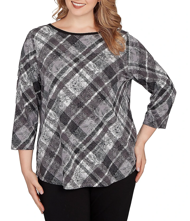 Ruby Rd. Plus Size Jersey Knit Distressed Plaid Boat Neck 3/4 Sleeve Top