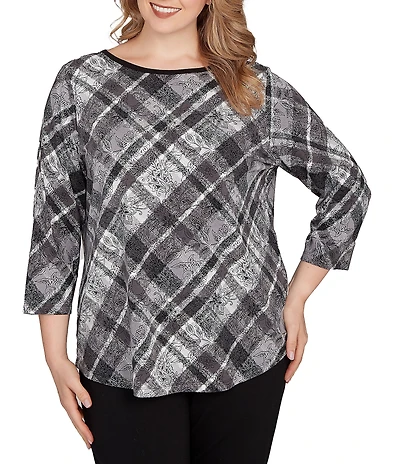 Ruby Rd. Plus Size Jersey Knit Distressed Plaid Boat Neck 3/4 Sleeve Top
