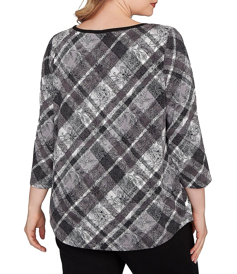 Ruby Rd. Plus Size Jersey Knit Distressed Plaid Boat Neck 3/4 Sleeve Top
