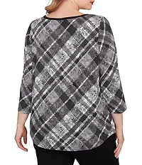 Ruby Rd. Plus Size Jersey Knit Distressed Plaid Boat Neck 3/4 Sleeve Top