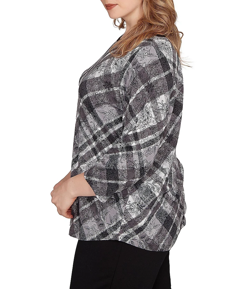Ruby Rd. Plus Size Jersey Knit Distressed Plaid Boat Neck 3/4 Sleeve Top