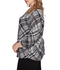 Ruby Rd. Plus Size Jersey Knit Distressed Plaid Boat Neck 3/4 Sleeve Top