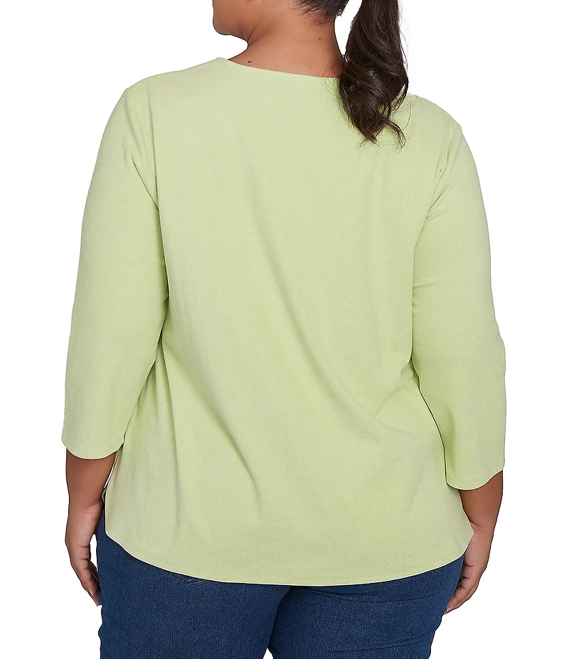 Ruby Rd. Plus Size Knit 3/4 Sleeve Split V-Neck Lacing Rib Top