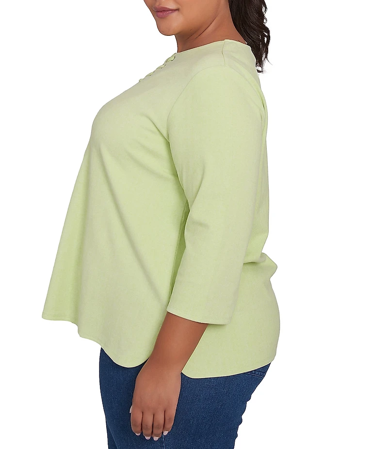 Ruby Rd. Plus Size Knit 3/4 Sleeve Split V-Neck Lacing Rib Top