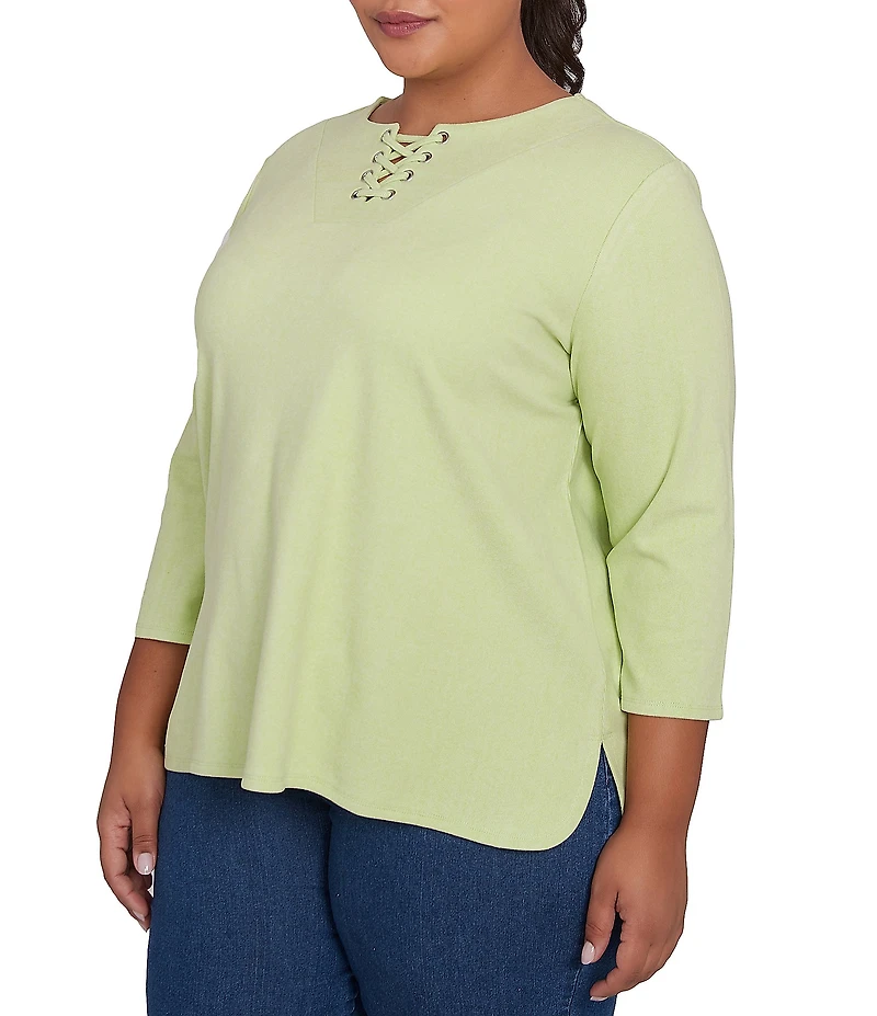Ruby Rd. Plus Size Knit 3/4 Sleeve Split V-Neck Lacing Rib Top