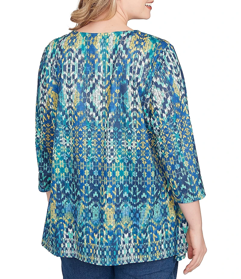 Ruby Rd. Plus Size Knit Crew Neck 3/4 Sleeve Kaleidoscope Top