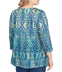 Ruby Rd. Plus Size Knit Crew Neck 3/4 Sleeve Kaleidoscope Top