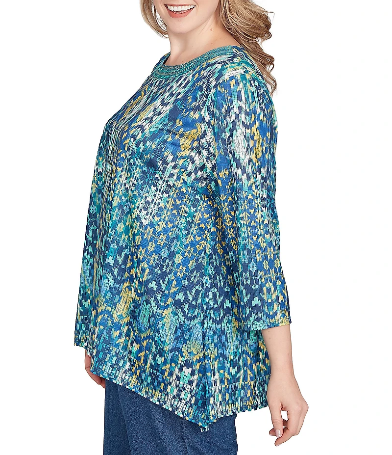Ruby Rd. Plus Size Knit Crew Neck 3/4 Sleeve Kaleidoscope Top