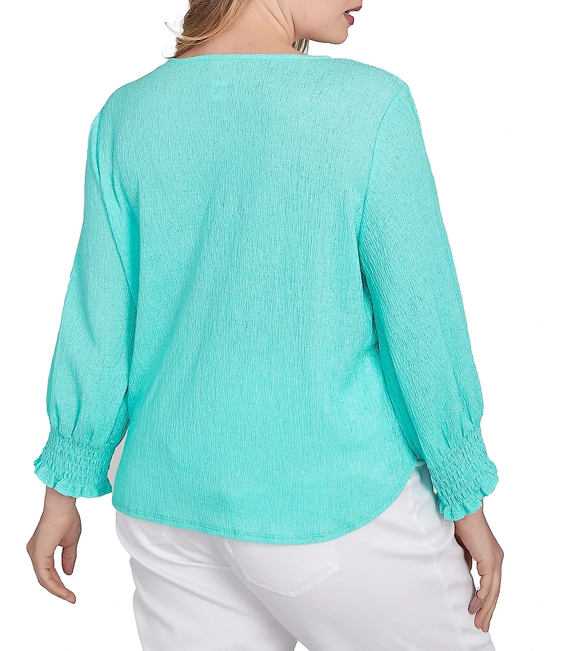 Ruby Rd. Plus Size Knit Crinkle Keyhole Neck Bar 3/4 Sleeve Tie Front Top