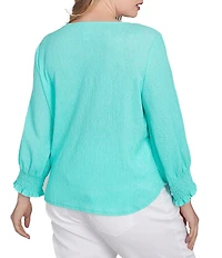 Ruby Rd. Plus Size Knit Crinkle Keyhole Neck Bar 3/4 Sleeve Tie Front Top