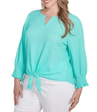 Ruby Rd. Plus Size Knit Crinkle Keyhole Neck Bar 3/4 Sleeve Tie Front Top