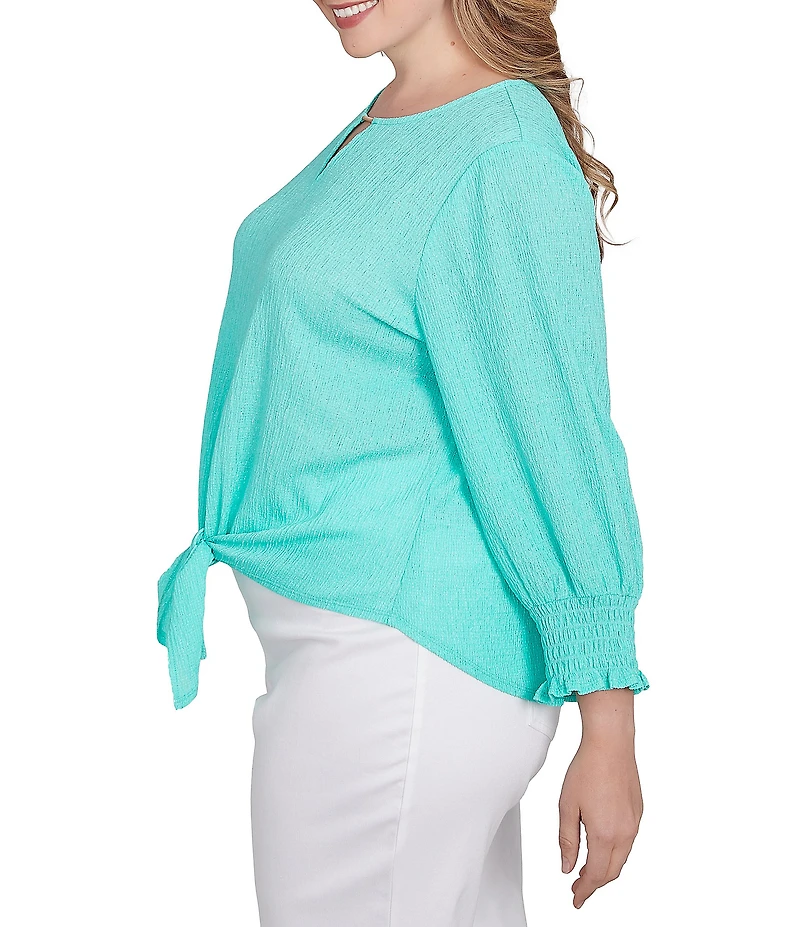 Ruby Rd. Plus Size Knit Crinkle Keyhole Neck Bar 3/4 Sleeve Tie Front Top