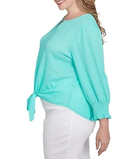 Ruby Rd. Plus Size Knit Crinkle Keyhole Neck Bar 3/4 Sleeve Tie Front Top