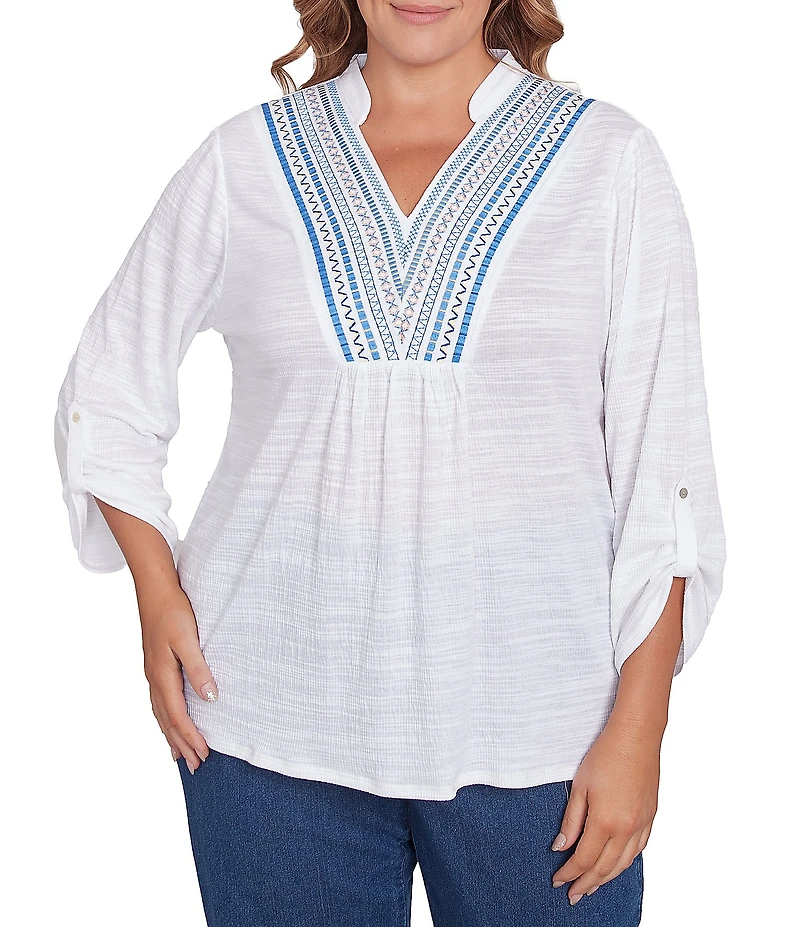 Ruby Rd. Plus Size Knit Embroidery V-Neck 3/4 Roll-Tab Sleeve Top