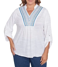 Ruby Rd. Plus Size Knit Embroidery V-Neck 3/4 Roll-Tab Sleeve Top