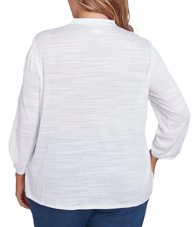 Ruby Rd. Plus Size Knit Embroidery V-Neck 3/4 Roll-Tab Sleeve Top