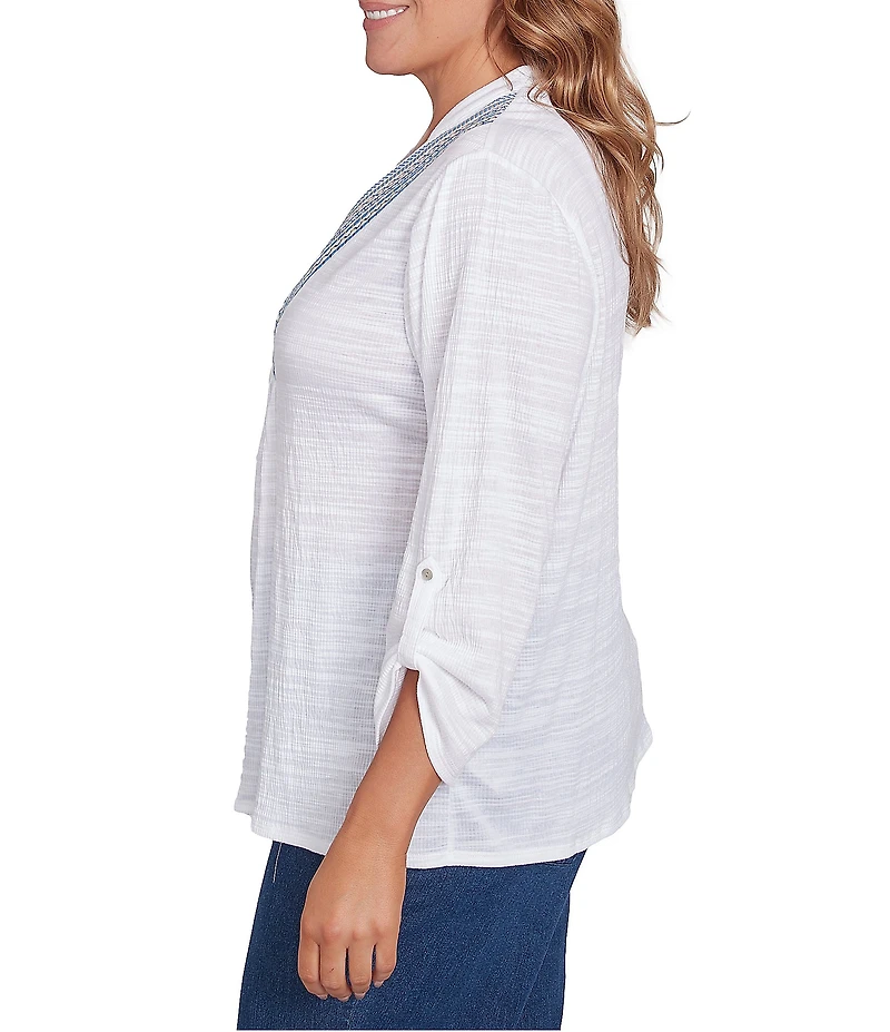 Ruby Rd. Plus Size Knit Embroidery V-Neck 3/4 Roll-Tab Sleeve Top