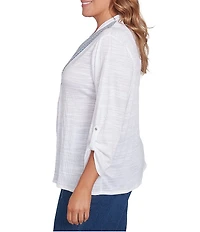Ruby Rd. Plus Size Knit Embroidery V-Neck 3/4 Roll-Tab Sleeve Top