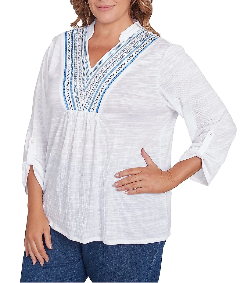 Ruby Rd. Plus Size Knit Embroidery V-Neck 3/4 Roll-Tab Sleeve Top
