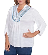 Ruby Rd. Plus Size Knit Embroidery V-Neck 3/4 Roll-Tab Sleeve Top